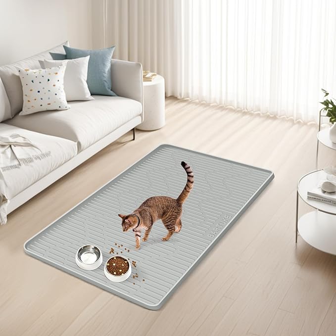 Silicone Cat & Dog Food Mat, 24" x 17" Large Pet Feeding Mat for Cats and Dogs Bowl, Pet Placemat for Food and Water with Raised Edge, Waterproof, Leakproof (Grey)