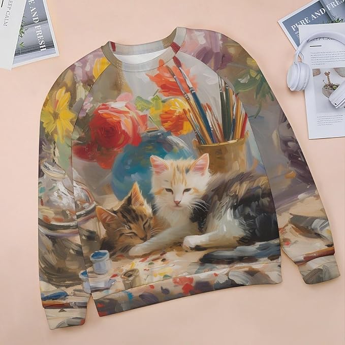 Long Sleeve Shirts for Women Cat Oil Painting Shirt 3D Graphic Sweatshirts Fall Pullover Crewneck Vintage Boho Tops