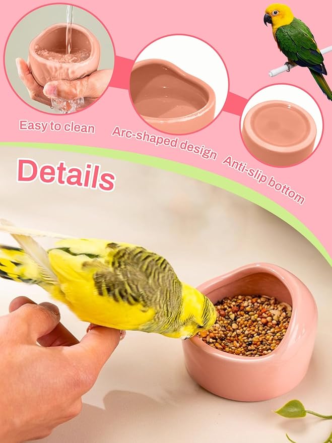 2 Pcs Bird Food Bowl Small Ceramic Bowls for Birds Parakeet Food Bowl Parrot Feeding Cups, Bird Cage Feeder with 2 Plastic Feeding Clips for Parakeets Conure Cockatiels Lovebird Budgie (Pink)
