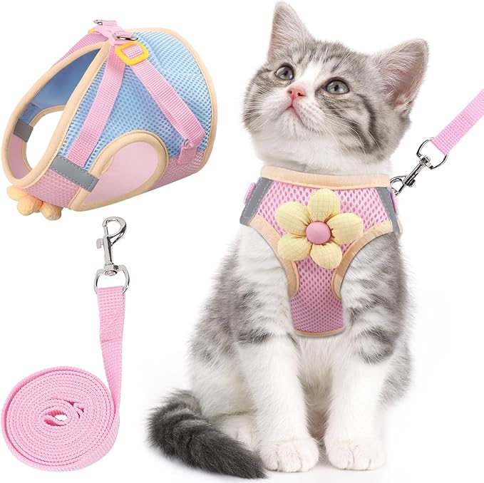 Cat Harness and Leash Set for Walking Escape Proof, Adjustable Kitten Harness Breathable Mesh with Reflective Strips Harness with Flower for Kitty Puppy Bunny Pink L
