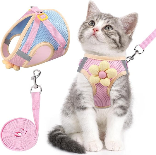 Cat Harness and Leash Set for Walking Escape Proof, Adjustable Kitten Harness Breathable Mesh with Reflective Strips Harness with Flower for Kitty Puppy Bunny Pink L