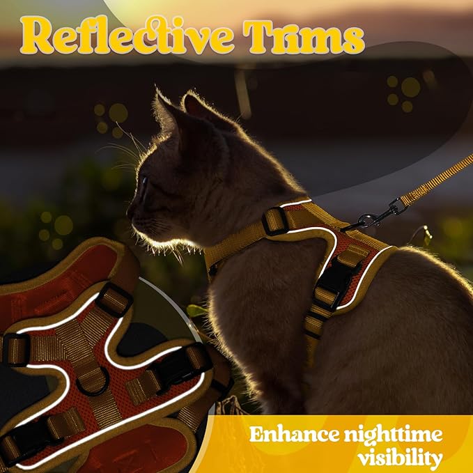 rabbitgoo Cat Harness and Leash Set, Escape Proof Soft Adjustable Vest Harnesses for Outdoor Walking, Easy Control Breathable Kitten Jacket with Reflective Strips, Orange & Yellow, M