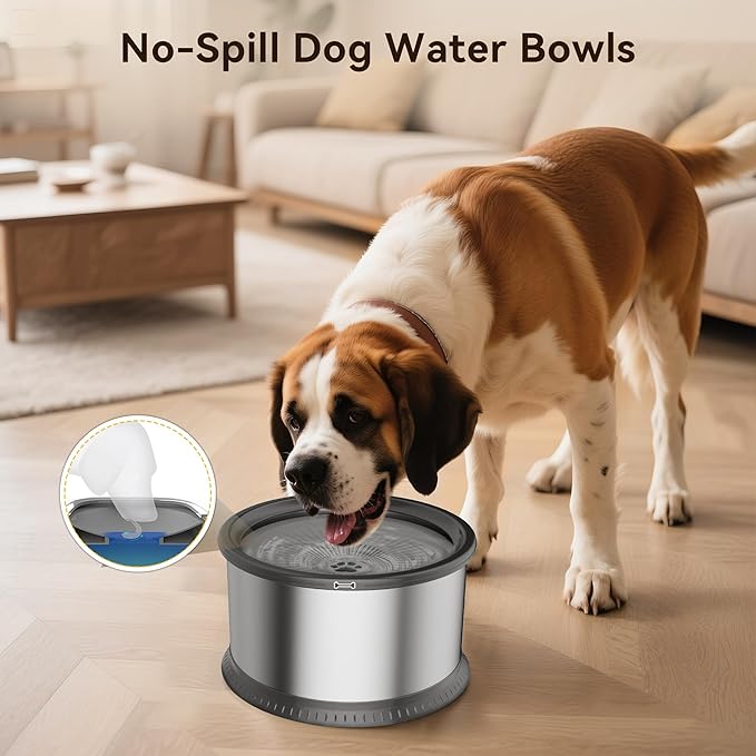2PCS 2.5L No Spill Dog Water Bowl 84oz Stainless Steel Slow Water Bowl for Small Medium Dogs Splash Proof Pet Bowl with Anti-Slip Mat for Sloppy Messy Drinkers and Cats