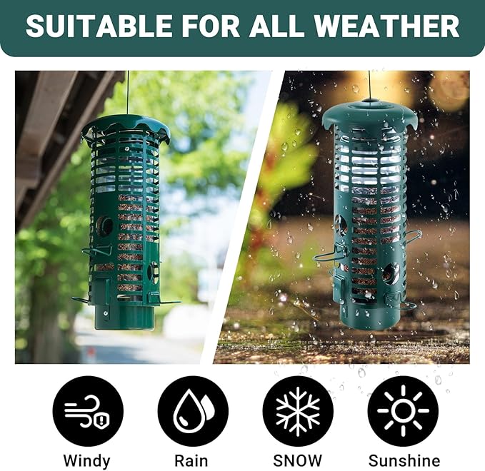 Squirrel Proof Bird Feeder Metal Mesh for Outdoors Hanging,Weight Activated Weatherproof Wild Bird Feeders with Finch Cardinal Chickadee,Large Capacity(Green)
