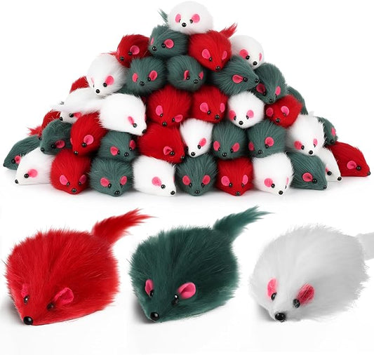Hungdao 60 Pcs Furry Mice Interactive Catch Play Rabbit Fur Mouse Cat Toy Rattle Sound Rat Plush for PET Cats and Kittens, 3 Colors (White, Green, Red)