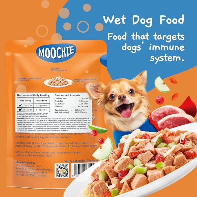 MOOCHIE Grain Free Small Dogs Wet Dog Food - Boost Immune - Duck, Cranberry & Goji Berry - No Artificial Flavors or Preservative - 12 x 3 oz Pouch