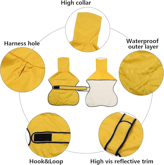 Dog Raincoat with Reflective Bar, Rain/Water Resistant, Adjustable Vest - Dog Raincoats for Greyhounds, Lurchers and Whippets - Yellow - XL
