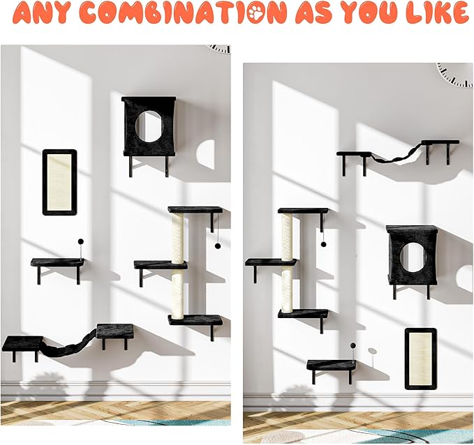 NUNU LAB Cat Wall Shelves Set, 5 Pcs Wall-Mounted Cat Climber with Cat House, Bridge, Scratching Post, Hammock, Wall Shelves, Black