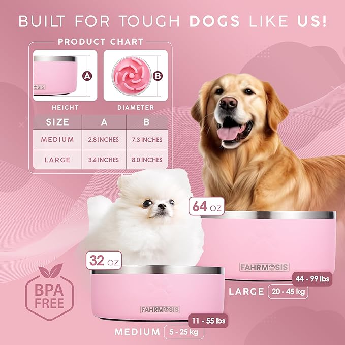 32 Oz Dog Bowl with Slow Feeder Insert Stainless Steel Pet Water Bowl for Medium & Large Breed Non Slip Rubber Base & Plastic Puzzle Feeder - Pink