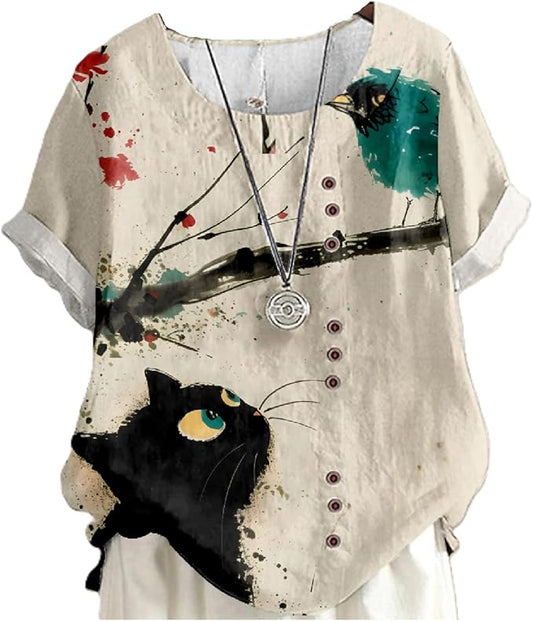 Japanese Print Women Summer Shirts Flower Bird Graphic Plus Size Tunic Tops Crewneck Short Sleeve Blouses
