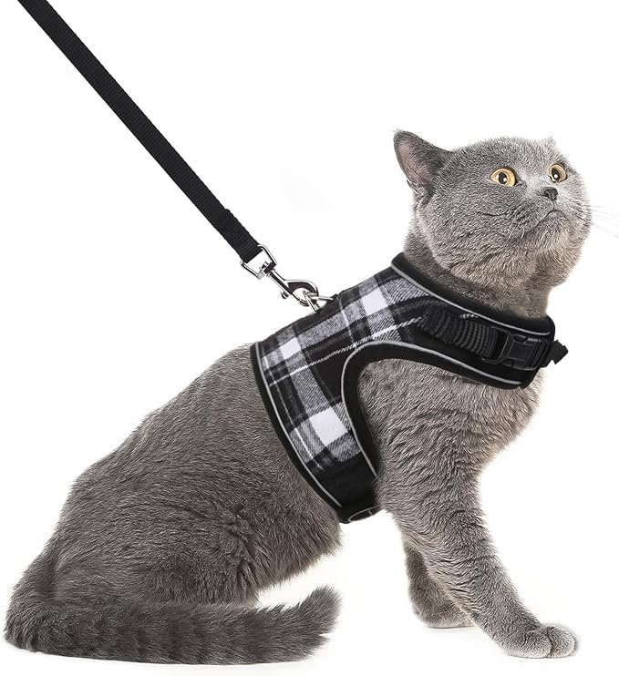 PUPTECK Soft Mesh Cat Vest Harness and Leash Set Puppy Padded Pet Harnesses Escape Proof for Cats Small Dogs Rabbits Bunny, Plaid Black, L