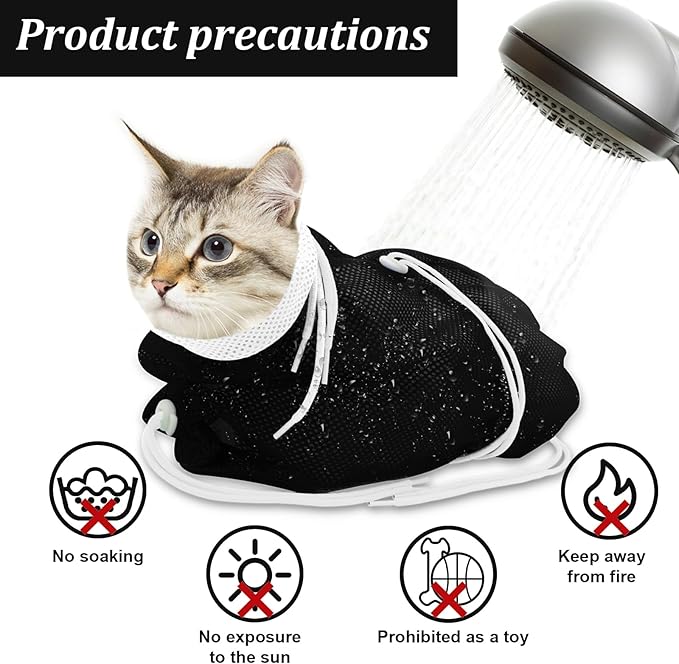 Cat Bathing Bag, Breathable Mesh Cat Shower Bag Anti Scratch Adjustable Cat Grooming Bag for Nail Trimming, Bathing Polyester Soft Cat Washing Bag (White- Black)