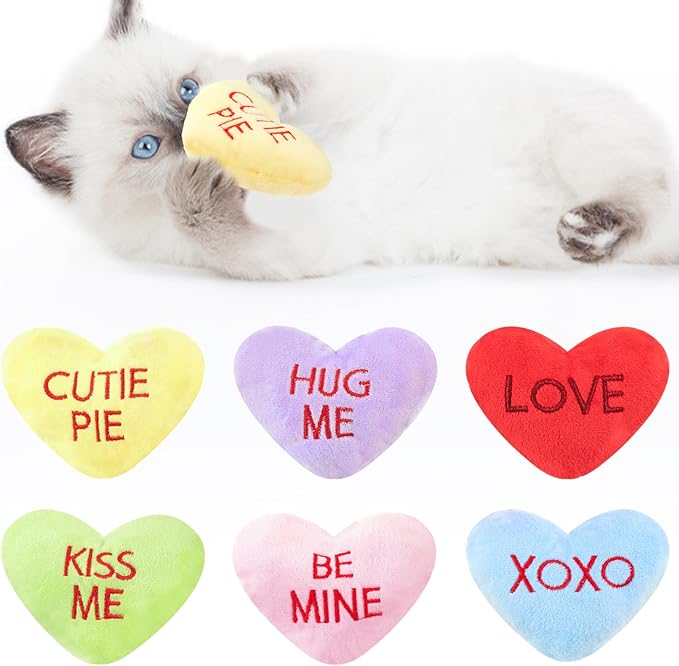 6pcs Valentine's Day Heart Catnip Toy，Valentines Indoor Heart Shaped Cat Toy Plush Interactive Chew Bite Toys for Cat Kitten Indoor Festive Holiday Cat Lover Gift