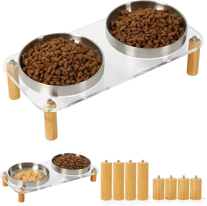 Elevated Cat Bowls for Indoor Cats – Clear Acrylic Cat Food Table with 2 Stainless Steel Dishes, Adjustable Height (4.05"/2.87"), Raised Feeding Station for Easy Digestion