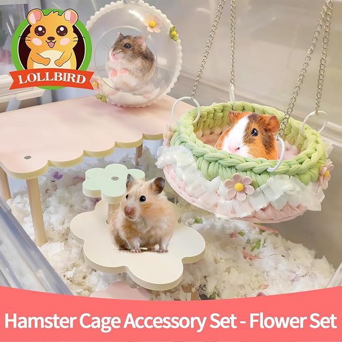 4-Pack Wooden Rat Cage Accessories - Platforms, Ladders & Hammocks Set for Chinchillas, Hamsters, Gerbils (for Iron/Wooden, Acrylic Hamster Cages + Customizable Layout) (11x6.7x5.5)