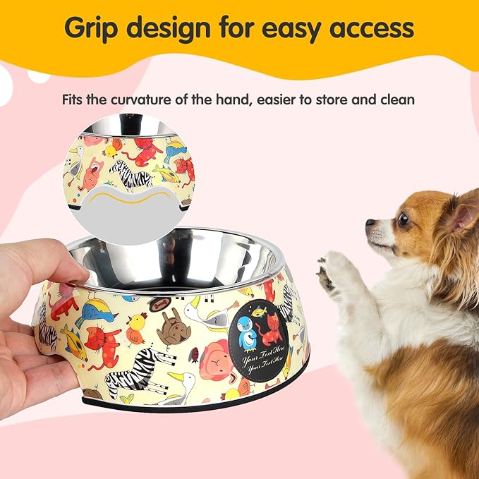 Pet Cats Dogs 2 in 1 Food Water Bowls - Non Slip Skid Proof Heavy Duty Pet Cats Dog Food Water Bowls for Feeding Drinking Small Medium Large Dogs Cats Puppies -Cartoon Animal World-L