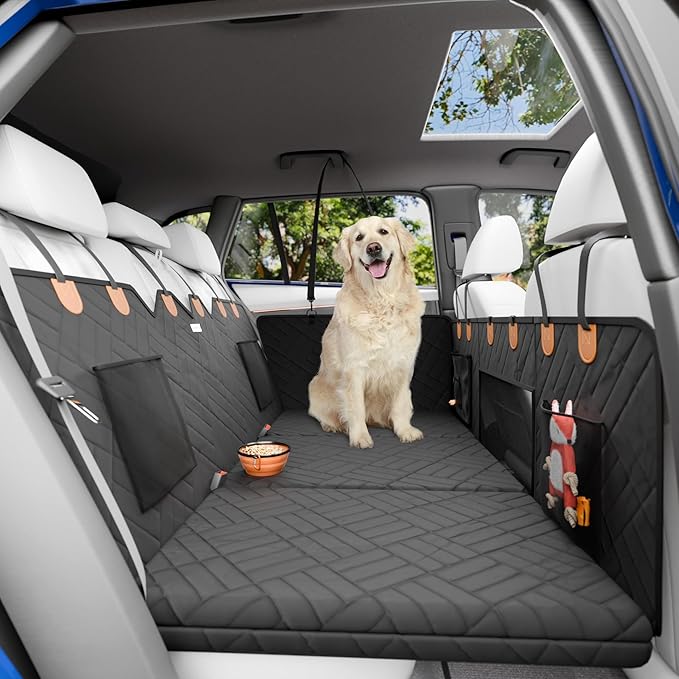 Back Seat Extender for Dogs Hard Bottom Foam - Sturdy Dog Hammock for Car Hard Bottom Car Seat Cover for Dogs with Hair Remover, Seatbelt, Carrying Bag - Dog Backseat Cover SUV, Car, Truck