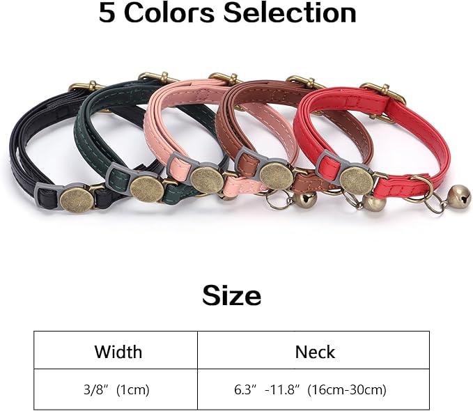 Leather Cat Collar Breakaway, Custom Cat Kitten Collar with Bells, Personalized Cat Collars with Name and Phone Number for Boy Girl Cats (Black, 6.3“-11.8“)