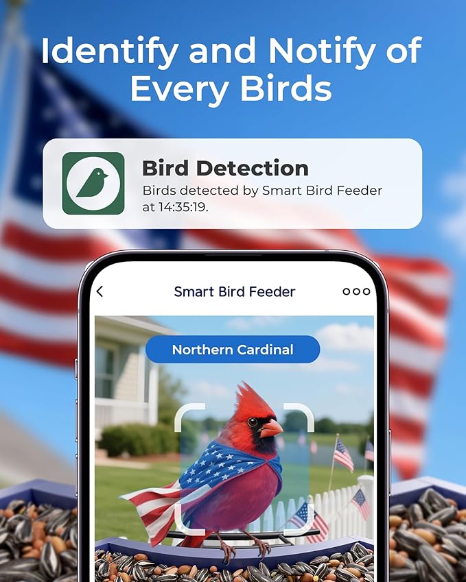 TT Nature Bird Feeder with Camera, Solar Powered Smart Birdhouse Cam with Auto Capture & Bird Identify, Instant Real-time Notifications, 1080P Cam, Gift for Outdoor Birdwatching, Flag Style