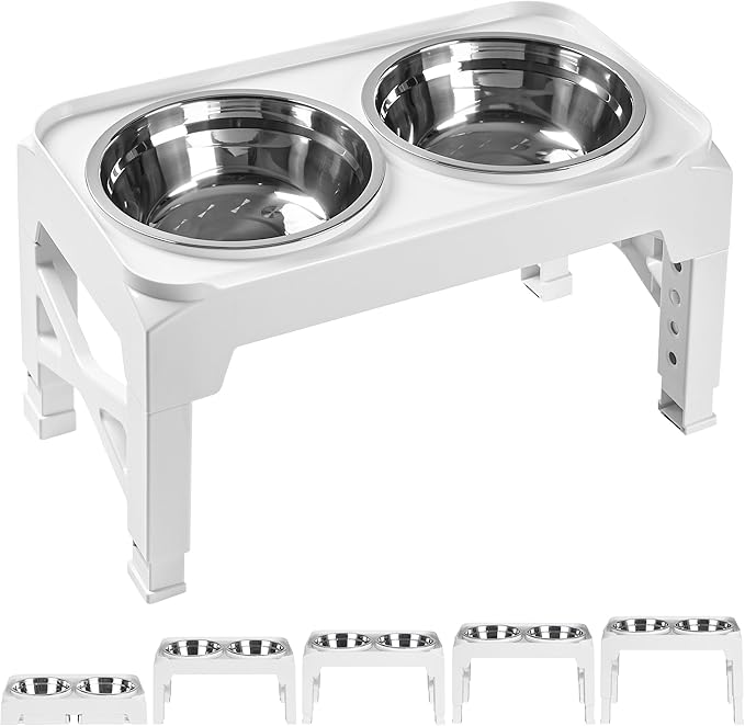 Elevated Dog Bowls with 2 Stainless Steel Food & Water Raised Bowls with No Spill Edge Non-Slip Stand Adjusts to 5 Heights(3.2", 8.77", 9.9",11.1", 12.3") for Small Medium Large Dog and Pet White