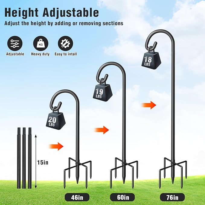 Shepherd Hook for Outdoor, Heavy Duty Bird Feeder Pole with 5 Prong Base, Adjustable Height Bird Feeder Stand Ideal for Hanging Bird Feeders, Plant, and Garden Decorations