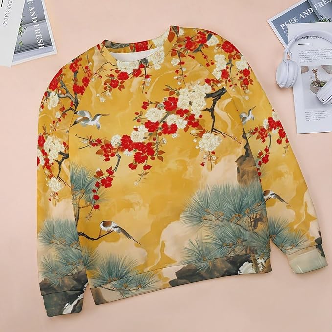 Womens Long Sleeve Tops Y2k Japanese Art Print Sweatshirts Fall Pullover for Women Crewneck Vintage Shirts Boho Tops