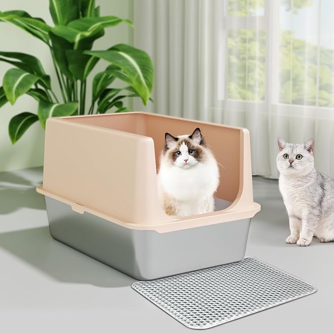 Stainless Steel Cat Litter Box, Metal Litter Box with Lid, 14" Extra Large Litter Boxes for Big Cats, High Sided Beige Cat Box Enclosure Blends with Home Decor, Non-Sticky, Anti-Leakage, Easy Clean