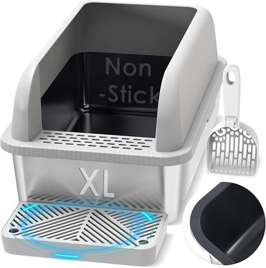Non-Sticky Coated Stainless Steel Cat Litter Box with Lid Extra Large Litter Box for Big Cats XL Metal Litter Pan Tray with High Wall Sides Enclosure, Anti-Leakage, Easy Cleaning