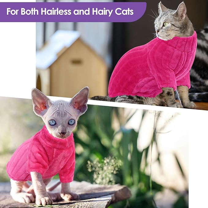 SUNFURA Sweaters for Cats, Hairless Sphynx Sweater Kitten Pullover with Sleeves, Warm and Soft Cat Pajamas Fleece Sweatshirt Jumpsuit, Turtleneck Clothes for Fall Winter, Hot Pink S