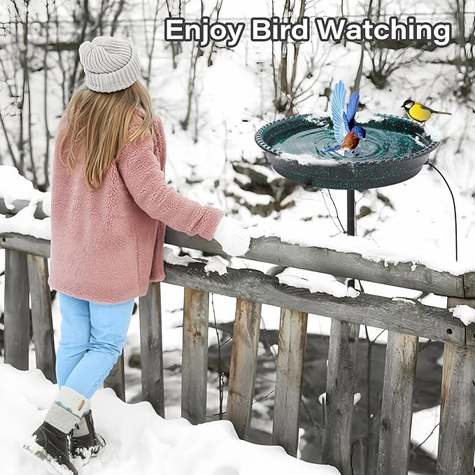 Heated Bird Bath for Outdoors,75W Bird Bath Water Heater Bird Bath Deicer,Heated Bird Baths Thermostat Control Weather Resistance Available with Stable Metal Pole for All Seasons-Green