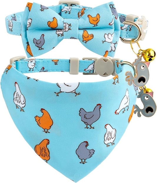 Faygarsle 2 Pack Chicken Pattern Cat Collar Set with Bandana and Bowtie, Light Blue, Breakaway Safety Clasp with Bell