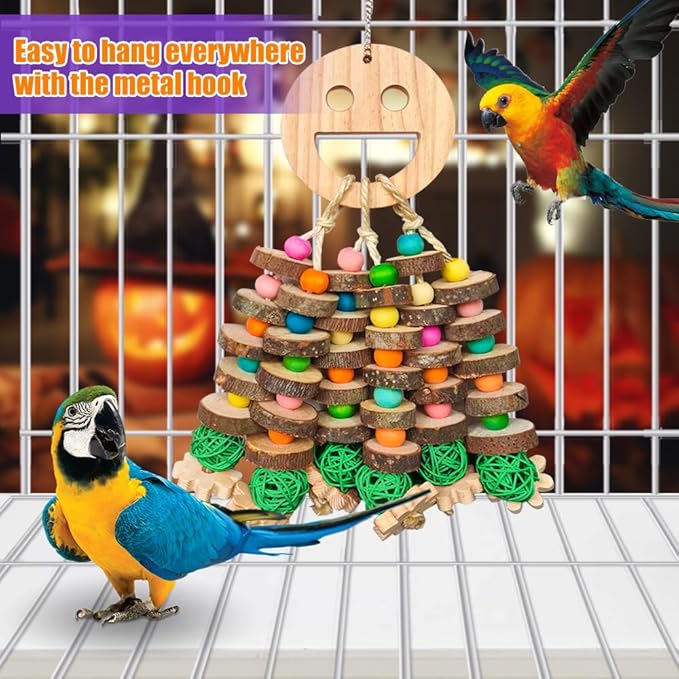 Large Parrot Toys, Multi-Color Wooden Block with Halloween Shape Bird Chewing Toy for Macaws, Cockatoos, African Grey and Large Medium Parrot Birds