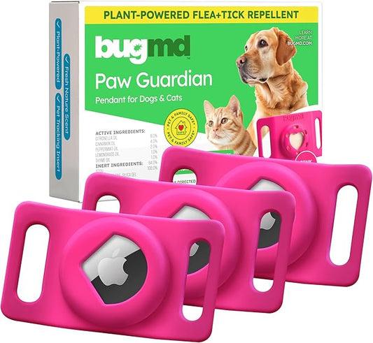 BugMD Paw Guardian Flea & Tick Pendant (3-Pack) with AirTag Holder – Plant-Based Flea & Tick Prevention for Dogs & Cats – Pet Collar Tag & GPS Tracker Holder for Cats & Dogs – Pink