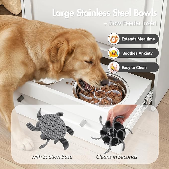 Dog Feeding Station with Storage Cabinet, Hidden Elevated Bowls for Medium & Large Dogs, Dog Food Cabinet Organizer with Hooks for Pet Supplies, Slow Feeder & Stainless Steel Bowls (White)