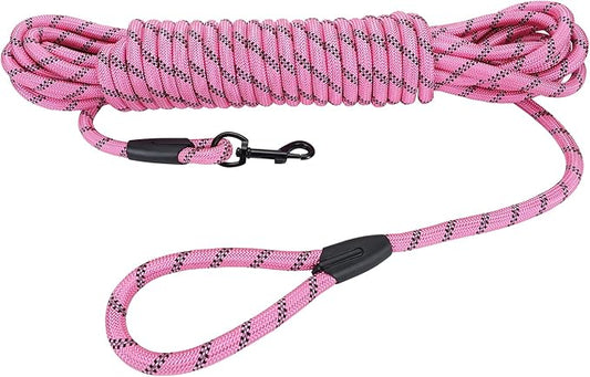 Long Dog Leash for Training 15Ft-Reflective Nylon Rope with Swivel Hook-Recall Agility Lead for Large Small Medium Dogs Outside Walking Hiking-Pink Diam 1/2"
