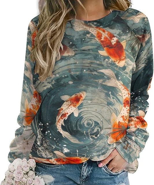 Womens Long Sleeve Tops Y2k Japanese Art Print Sweatshirts Fall Pullover for Women Crewneck Vintage Shirts Boho Tops