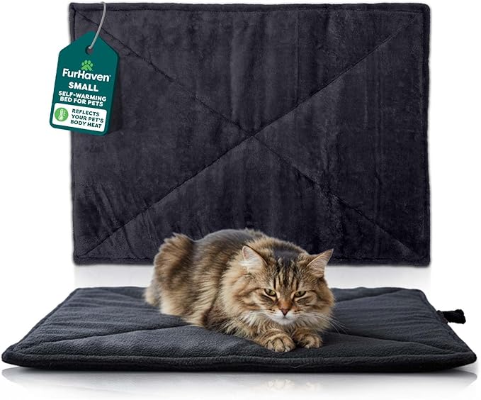 Furhaven ThermaNAP Self-Warming Cat Bed for Indoor Cats & Small Dogs, Washable & Reflects Body Heat - Quilted Faux Fur Reflective Bed Mat - Black, Small