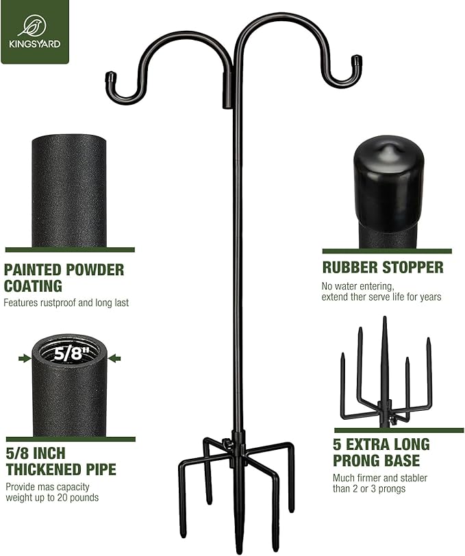 Kingsyard Adjustable Double Shepherds Hook for Outdoor - 92" Heavy Duty Bird Feeder Pole w/ 5-Prong Base, Hummingbird Feeder Stand for Garden, Plant Baskets, Solar Light Lantern