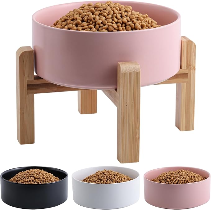 Pink Elevated/Raised Dog Bowl Ceramic for Medium Large Sized Breed,Dog Food Water Bowl with Stand,8 in 7.6 Cups Non Slip Heavy Weighted