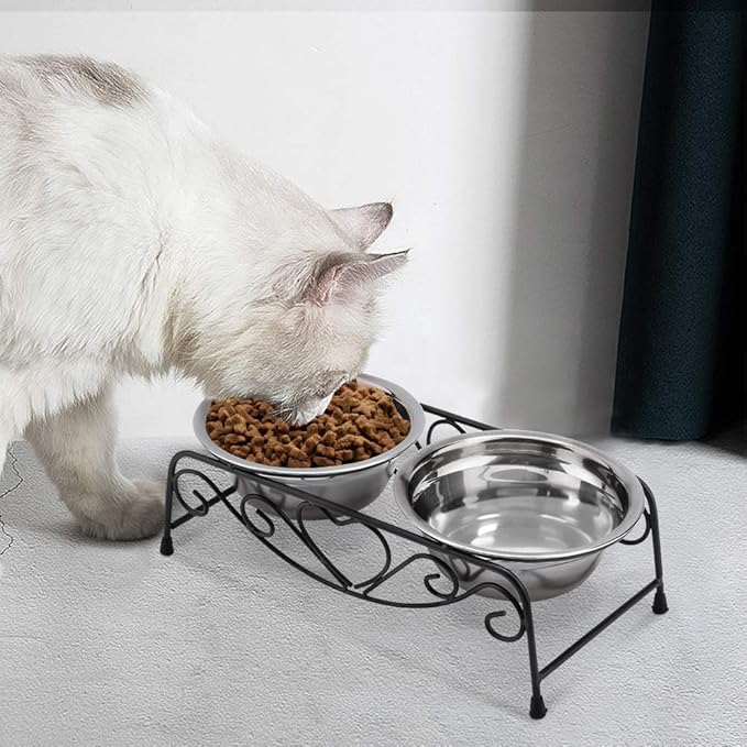 Raised Dog Bowls, Stainless Steel Double Pet Food Feeder Cat Water Dispenser Dish Bowls with Retro Iron Stand for Small or Medium Dogs Cats Puppy