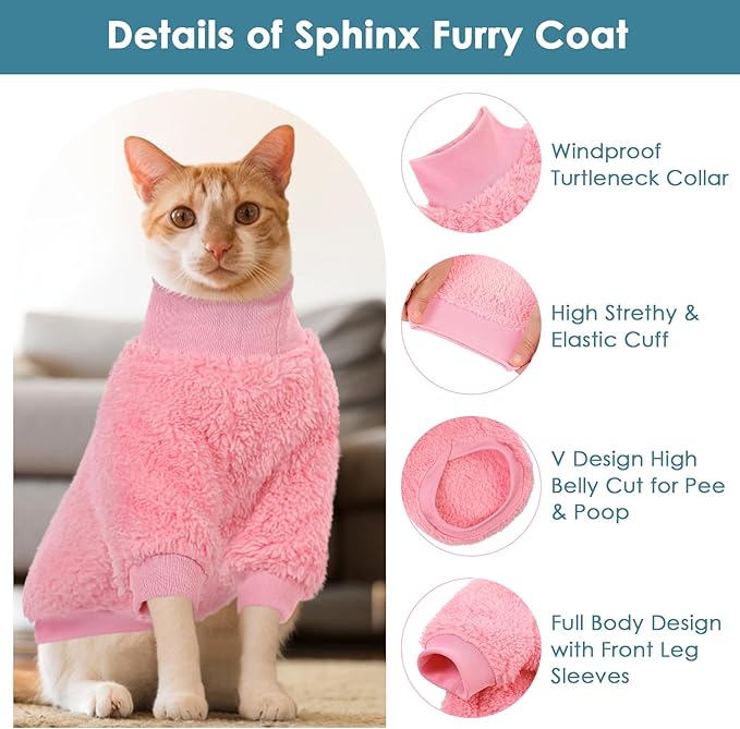 SUNFURA Sphynx Cat Sweater, Hairless Cats Turtleneck Pullover Kitten Sweaters for Cats Only, Warm and Soft Cat Pajamas Shirt with Sleeves Pet Winter Clothes Fleece Jumpsuit for Puppy, Pink S