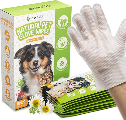 Pet Glove Wipes for Dogs & Cats | Nourish & Clean Fur & Skin | Coconut Oil & Chamomile Rinse-Free Wipes | Bathing Glove Wipes for Daily Care and Travel | Natural, Hypoallergenic (8 Pack)