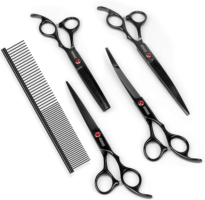 7.0in Titanium Professional Dog Grooming Scissors Set, GEMEK 6 in 1 Straight & Thinning & Upwards Curved & Downwards Curved Scissors & Comb for Dogs, Cats and Other Animals (Black)