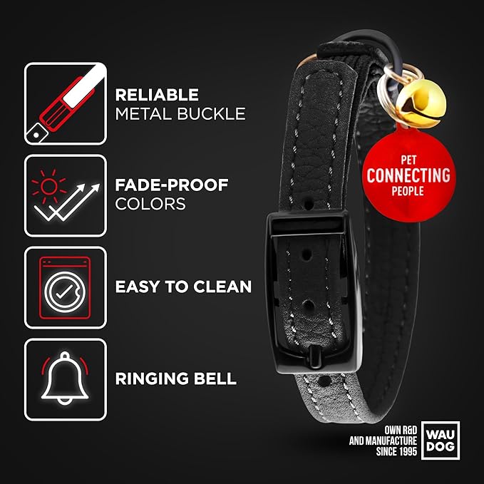 Leather Cat Collar with Bell and Safety Elastic Strap Breakaway Alternative for Small & Large Kittens, Stylish Pet Leather Collar for Boy, Girl Cats with Metal Buckle & QR ID Tag (Black)