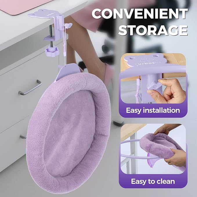 Rotating Cat Desk Bed - 40 LBS Chair-Side Cat Sleeping Basket with Bed for Desk, 360° Swivel & Removable Washable Cushion for Office Comfort(Purple