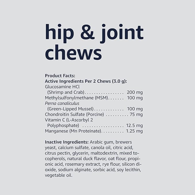 Amazon Basics Dog Hip & Joint Daily Supplement Chews with Glucosamine, MSM, and Vitamin C, Duck Flavored, 60 Count (Previously Solimo)