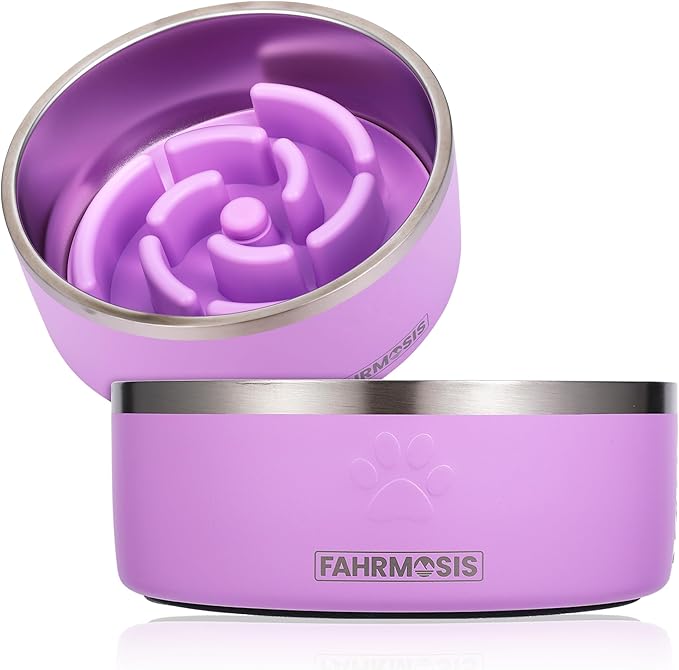 32 Oz Dog Bowl with Slow Feeder Insert Stainless Steel Pet Water Bowl for Medium & Large Breed Non Slip Rubber Base & Plastic Puzzle Feeder - Lavender