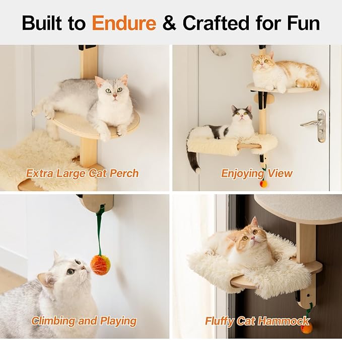 MEWOOFUN Cat Climbing Shelves Tree, 4-Levels Over Door Cat Climber for Jumping, Stable Cat Stairs Hammock for Kittens & Adult Cats (Wooden-65 H x 26.8” L x 13.8” W)