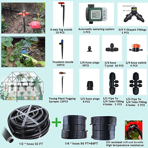 160Ft Drip Irrigation System with Water Timer for Garden, Main Water Hose ID 1/2inch 30Ft, 1/4in 130Ft, Sufficient Water Pressure, Irrigation Dripper Waterflow Evenly, Easy DIY Garden Watering System
