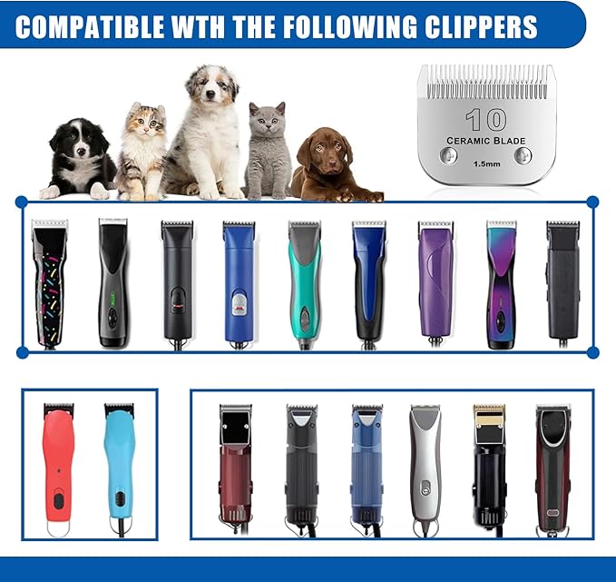 10Blades Dog Grooming Replacement Blades Compatible with Andis Pet Clipper/Oster A5/Wahl KM Series Dog Clipper,Ceramic Blade & Stainless Steel Blade (#10+30+40+5FC+7FC) 5Pack